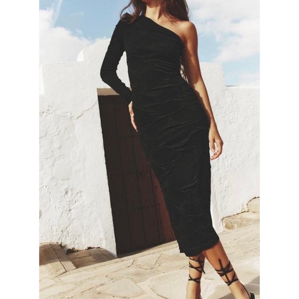Zara Black Asymmetric One Shoulder Long Sleeve Ruched Knit Dress Large